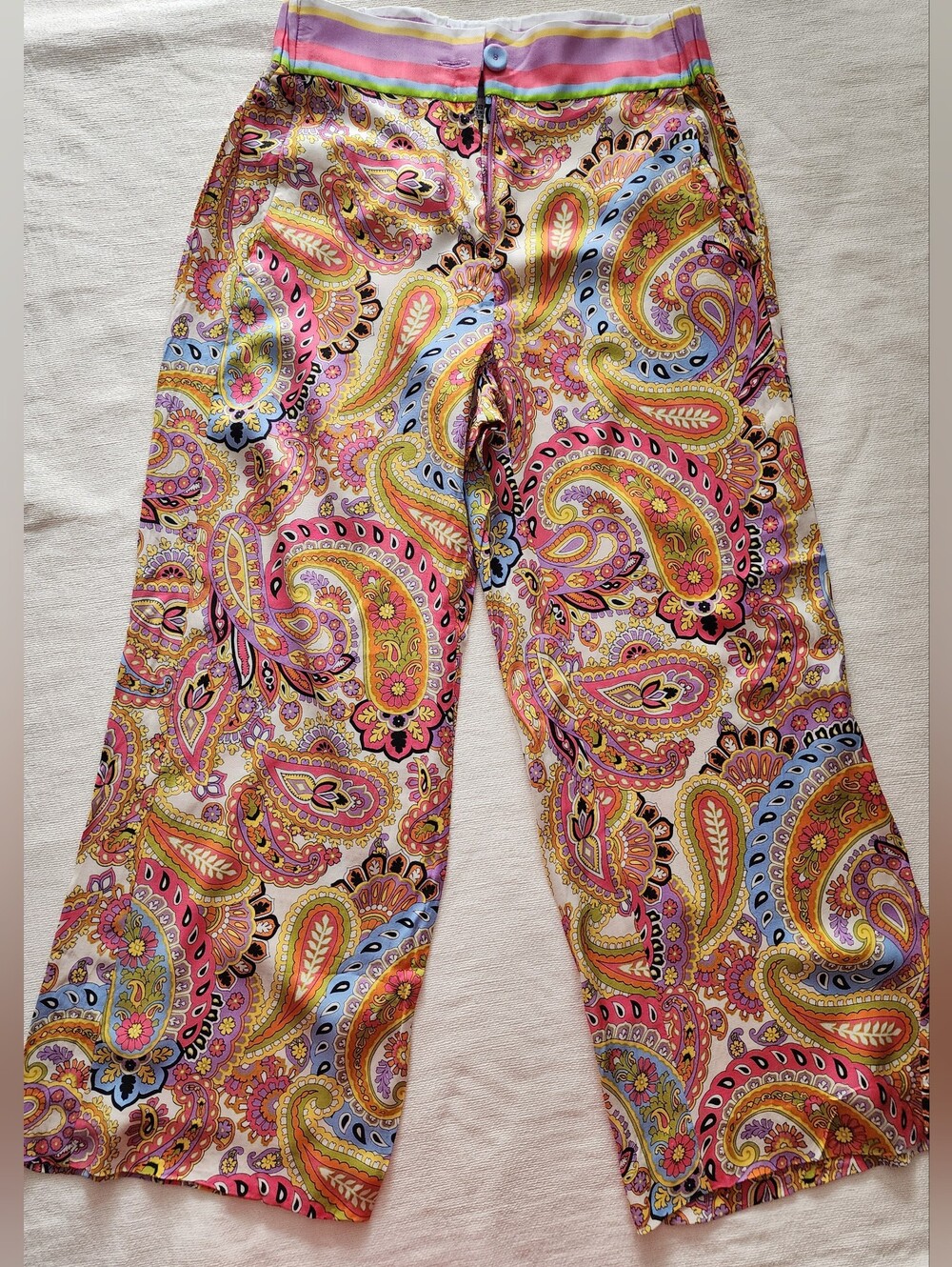 Marella Cotton Wide Leg Paisley Print Pants  Colorful Retro 70s Style Trousers S